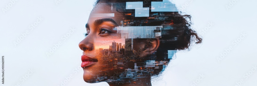 Poster digital metamorphosis ai-powered professional growth visualization with urban cityscape double expos