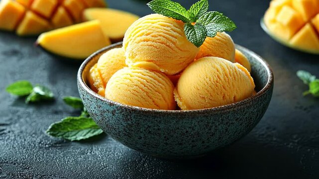 Mango sorbet in bowl, fresh fruit, dark background, food photography, delicious dessert, beautiful, ideal for advertising