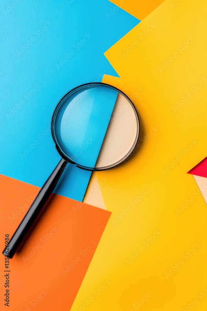 Poster Bold Color Block Minimalism Geometric Magnifying Glass on Vibrant Pop Art Backdrop - Modern Design Research and Creative Visual Exploration