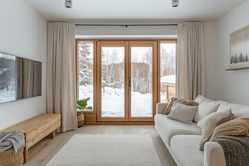 Snowy winter view from modern living room