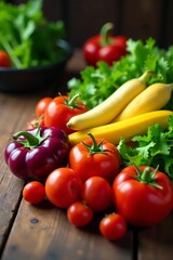 Vibrant rainbow of freshly harvested superfoods on a wooden table, vegetables, organic, nutrition