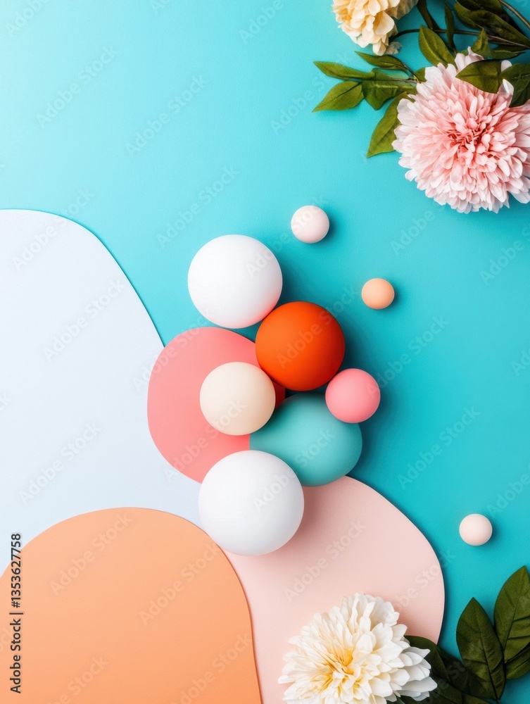 Poster Pastel Minimalist Geometric Composition Soft Color Palette Spheres on Layered Background with Floral Accents - Contemporary Design Aesthetic for Creative Branding and Visual Communication