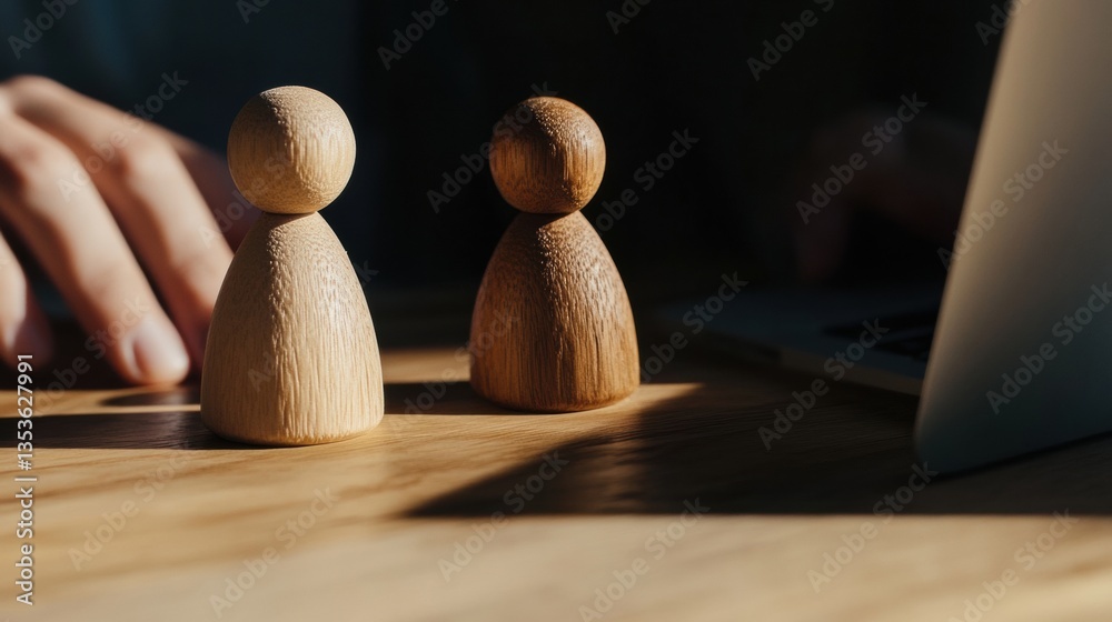 Aufkleber minimalist digital nomad workspace wooden figurines symbolizing collaborative productivity in remote