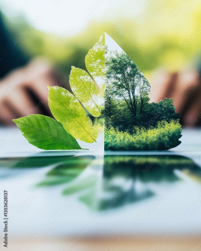 Poster eco-innovative visual metaphor sustainable green technology merging natural leaf design with digital