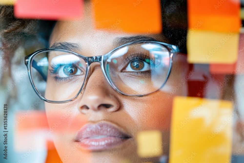 Poster Data-Driven Creativity Gen Z Professional Strategizing Consumer Insights with Vibrant Sticky Note Brainstorming Wall - Innovative Marketing Analytics Visualized