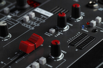 Professional mixing console, closeup. Radio studio equipment