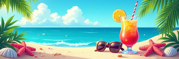 Vibrant seaside illustration with cocktails, sunglasses, and seashells, vector, island, resort