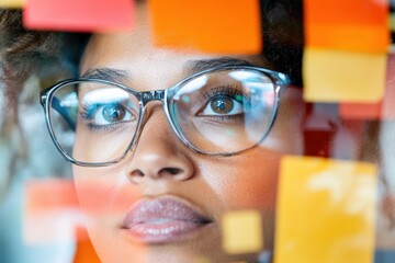 Data-Driven Creativity Gen Z Professional Strategizing Consumer Insights with Vibrant Sticky Note Brainstorming Wall - Innovative Marketing Analytics Visualized