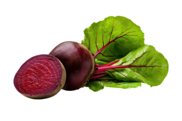 Whole and Sliced Red Beetroot with Green Leaves