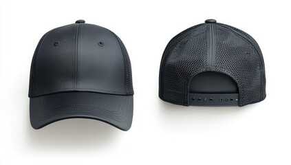 Dark navy blue baseball cap, front and back views, isolated on white