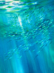 Sun rays and small fish in blue underwater watercolor background