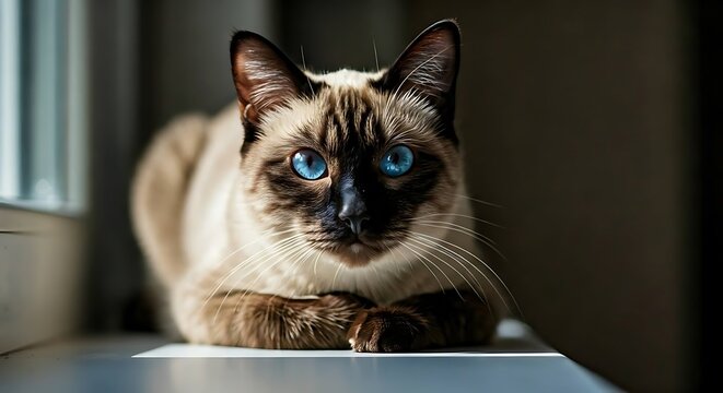 A Siamese cat with bright blue eyes lounging on a windowsill with sunlight streaming in.