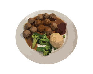 A plate of meatball vector. Meal, plate, food, meat, vector, cuisine, restaurant, illustration, dinner, menu. Can use for infographic, banner, poster, web design. Isolated on white background.