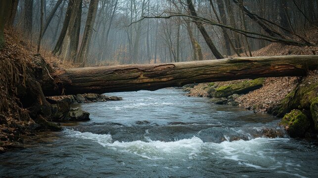 Rustic log spans a flowing river amidst a hushed, misty forest atmosphere