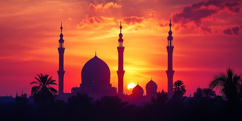 Sunset Mosque Silhouette Wallpaper Background for Warm Ramadan and Spiritual Reflection
