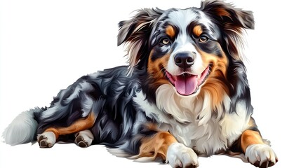 Fototapeta premium Happy Australian Shepherd dog lying on a white background, showcasing its playful demeanor and vibrant fur