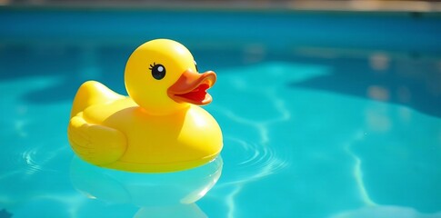 Playful Yellow Rubber Duck Floating Gracefully in Calm Pool Water Surrounded by Bright Summer Sunshine