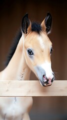 Palomino foal with stable portrait.