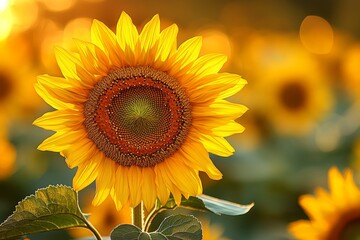 Naklejka premium Close-up of vibrant sunflower field with bright yellow petals and textured brown center. Concept of serene beauty in sunflower field, perfect for floral lovers. Flowers included.