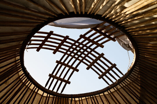 Looking up through the roof of a yurt