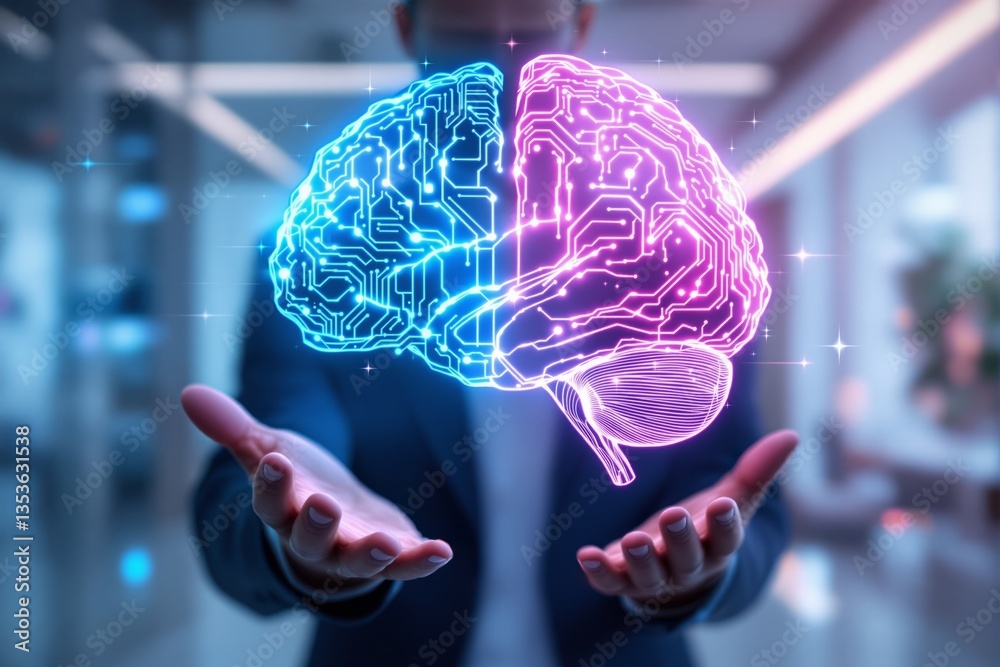 Aufkleber futuristic digital brain with circuit patterns floating above hands.