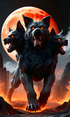 Cerberus, the three head guardian of the entrance to the underworld in Greek mythology. Blood red moon background.
