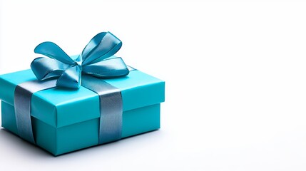 Obraz premium Elegant Blue Gift Box with Shiny Ribbon on a White Background