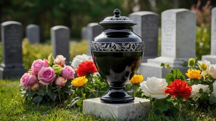 A black urn surrounded by flowers in a serene cemetery during daylight