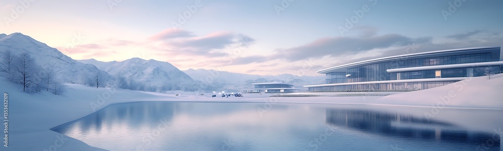 Poster modern building by a snowy lake with mountains in the background during sunset.