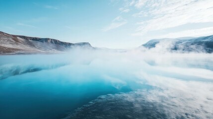 Naklejka premium Steam Rising from a Clear Geothermal Lake Surface