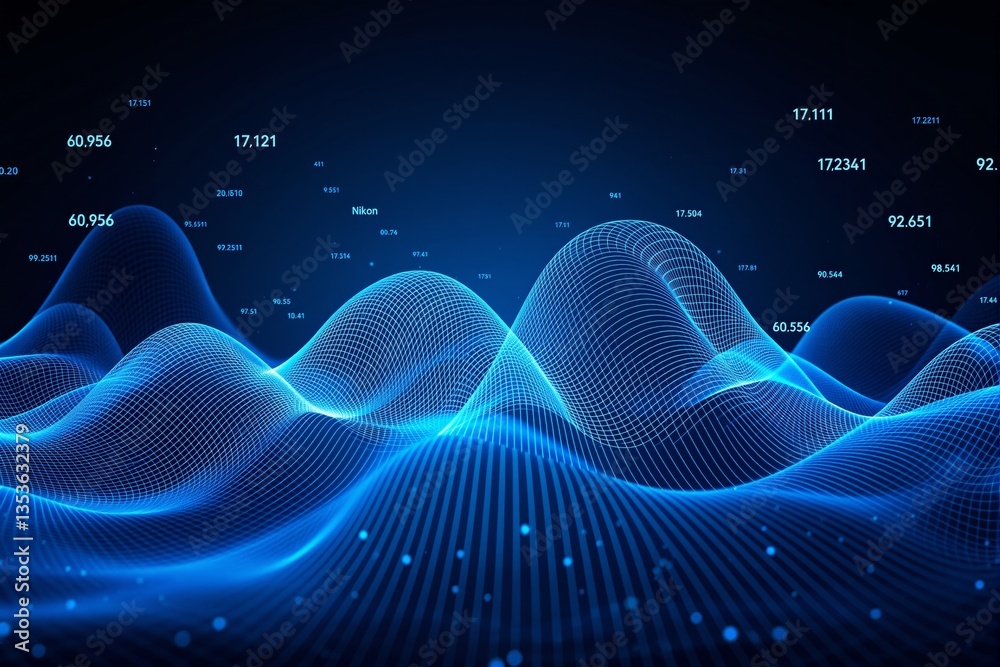 Poster Futuristic digital wave with numerical data points in glowing blue lines on dark background. Concept of artificial intelligence, technology, and big data.