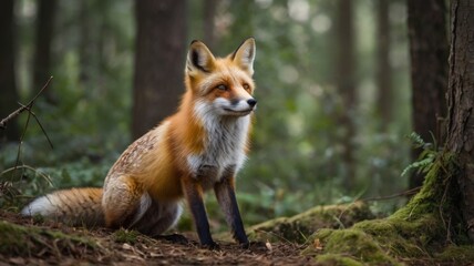 Fototapeta premium A red fox stands among moss-covered ground and tall trees in a serene forest during early morning light, showcasing its vibrant fur and curious expression in the wilderness