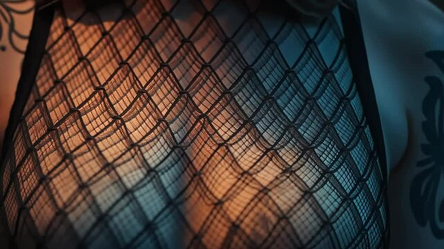  Woman in black fishnet bodysuit with visible tattoo