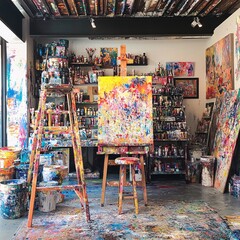 Obraz premium Colorful Abstract Art Studio with Paint Covered Ladder Easel and Canvases Creating Vibrant Artworks