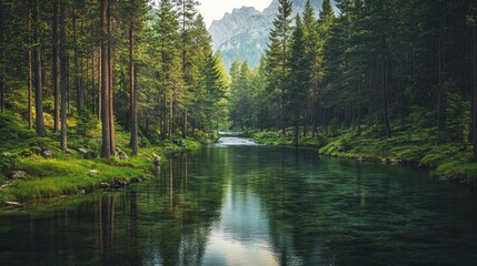 Tranquil river meanders through a dense evergreen forest towards distant peaks