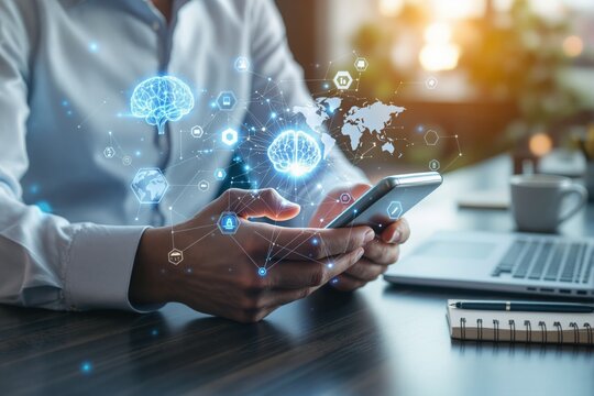 Business professional using smartphone with futuristic AI digital interface and network connections in a modern office environment.
