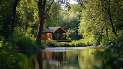 Fototapeta premium Idyllic woodland retreat: A tranquil cabin nestled by a shimmering stream