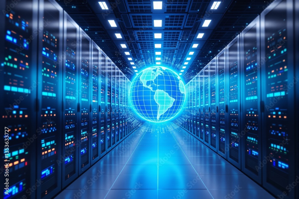 Poster futuristic data center with glowing digital globe.