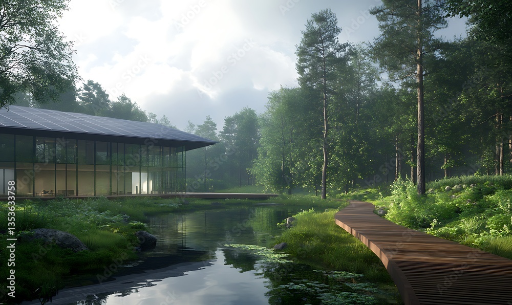 Poster modern building beside a serene pond, surrounded by lush trees and greenery under a cloudy sky.