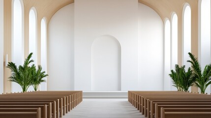Fototapeta premium Modern minimalist church designs Concept, Serene Minimalist Church Interior with Open Plan Design and Natural Elements