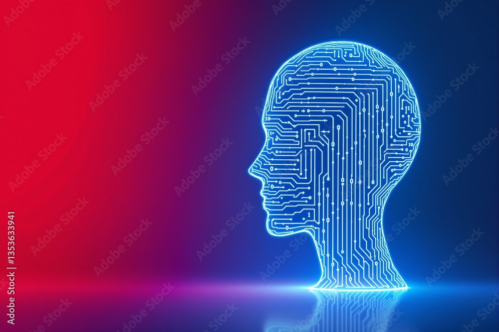 Poster futuristic digital human head with circuit board pattern.