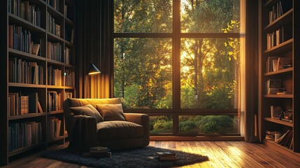 Fototapeta premium Cozy Reading Room with Bookshelves and Scenic Window View Inviting Relaxation and Quiet Contemplation