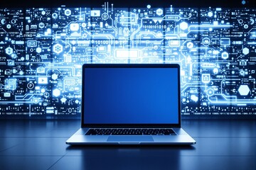 Futuristic laptop with blue digital circuit background.