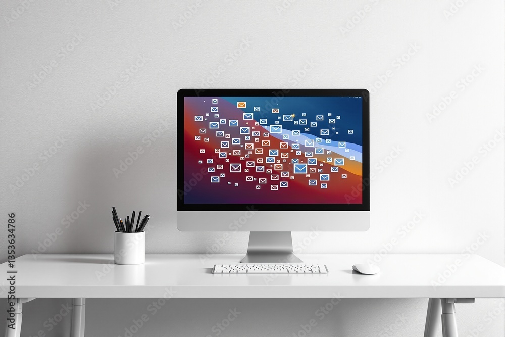 Poster Email overload concept on computer screen in modern workspace.
