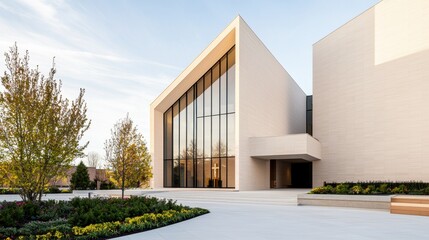 Modern minimalist church designs Concept, Modern Church Exterior with Clean Lines and Geometric Design Under a Clear Sky