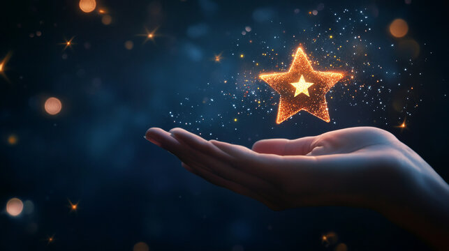 A visual representation of customer experience and premium service, illustrated by a clientâ€™s hand offering a star rating. Highlights customer satisfaction, service quality, and feedback