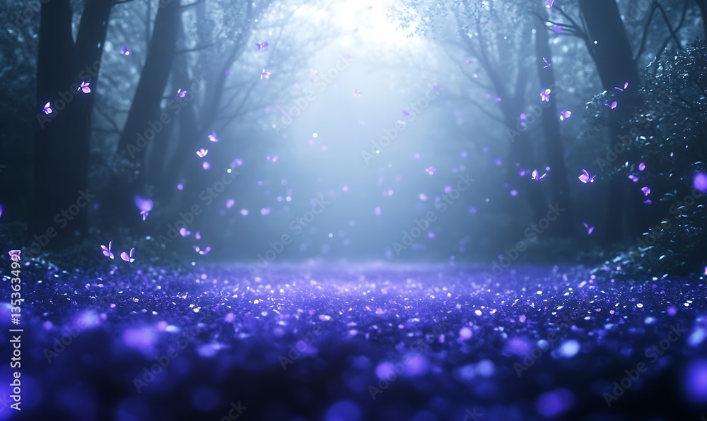 Poster misty forest with floating particles and a magical atmosphere in shades of blue and purple.