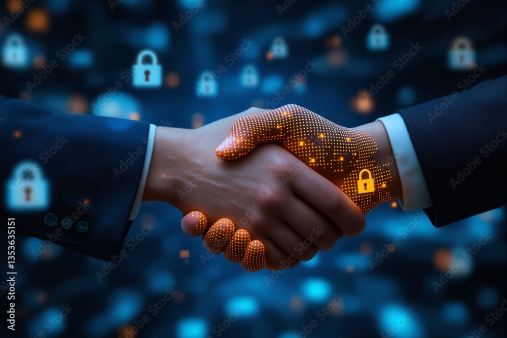 Poster Digital handshake symbolizing cybersecurity and trust in business technology.