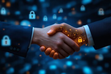 Digital handshake symbolizing cybersecurity and trust in business technology.