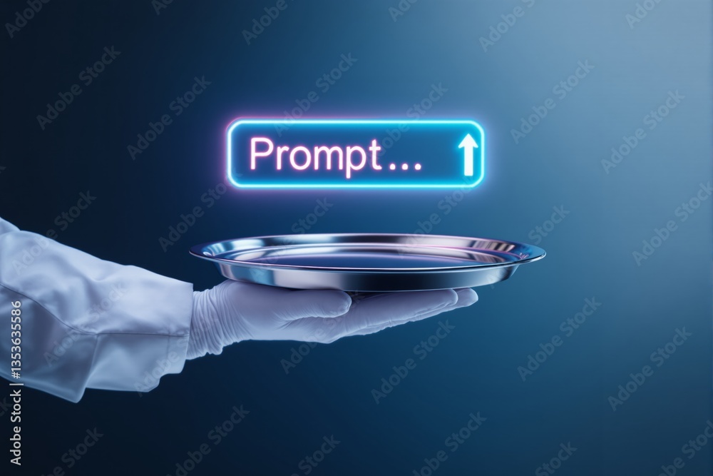 Poster Futuristic concept of AI prompt service with a neon glowing text box above a silver tray held by a gloved hand.